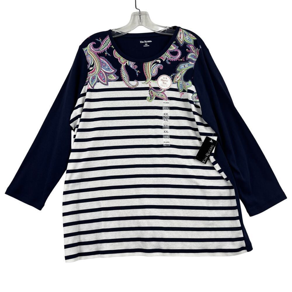 Kim Rogers 3/4 Sleeve Tee Shirt Top Size XXL Blue White Stripe Paisley Stretch